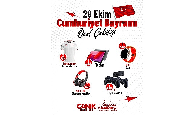 Canik Belediyesi'nin düzenlediği 29 Ekim Cumhuriyet Bayramı özel çekilişiyle vatandaşlar hediyelerle buluşuyor. 1 canik belediyesinin duzenledigi 29 ekim cumhuriyet bayrami ozel cekilisiyle vatandaslar hediyelerle bulusuyor