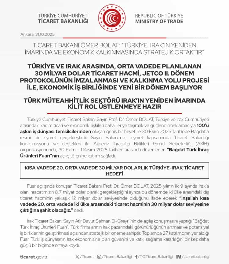 Bakan Bolat: Türkiye, Irak’ın Yeniden İmarında Kilit Ortak
