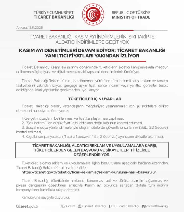 Ticaret Bakanlığı’ndan Tüketicilere Uyarı: Sahte Kasım İndirimlerine Kanmayın!