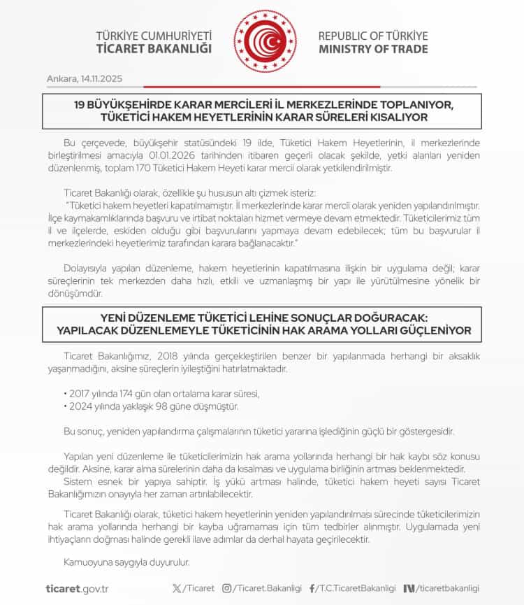 Tüketici Hakem Heyetleriyle İlgili Bakanlıktan Açıklama!