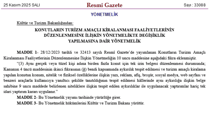Turizm Amaçlı Konut Kiralamada Yeni Düzenleme