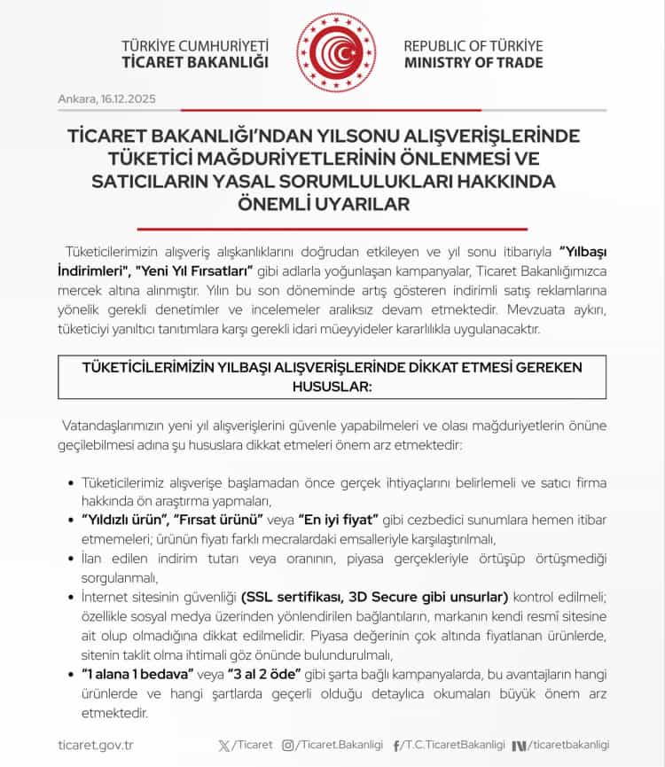 Ticaret Bakanlığı’ndan Yılbaşı Öncesi Uyarı!