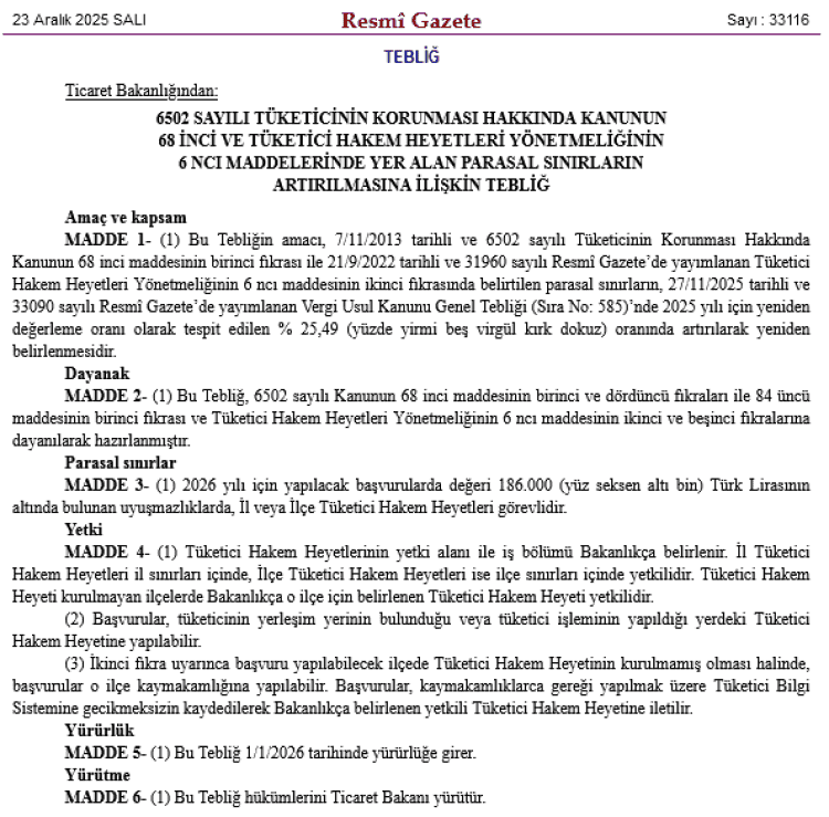 Tüketici Hakem Heyeti Başvuru Sınırları Artırıldı