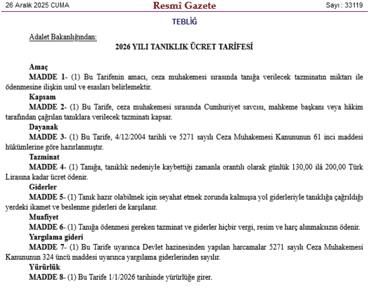 Adalet Bakanlığı 2026 Ücret Tarifelerini Duyurdu